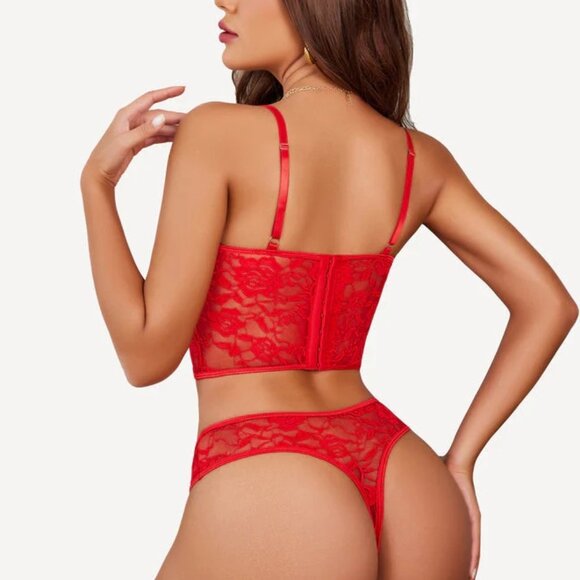 Red 2 Piece Lace Push Up Bra and Panty Sets, S - Picture 2 of 4